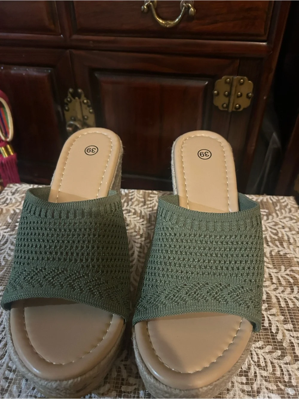 Women’s Olive Green Woven Espadrille Wedge Slides